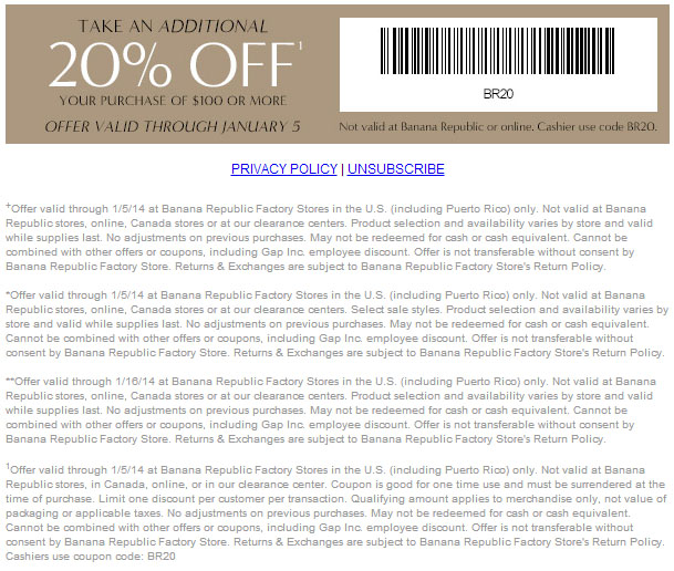 Banana Republic Factory Stores: 20% off Printable Coupon