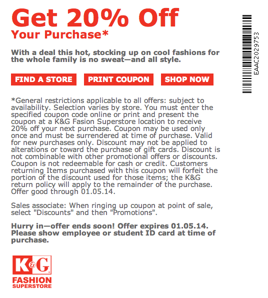 K&G Fashion Superstore 20 off Printable Coupon