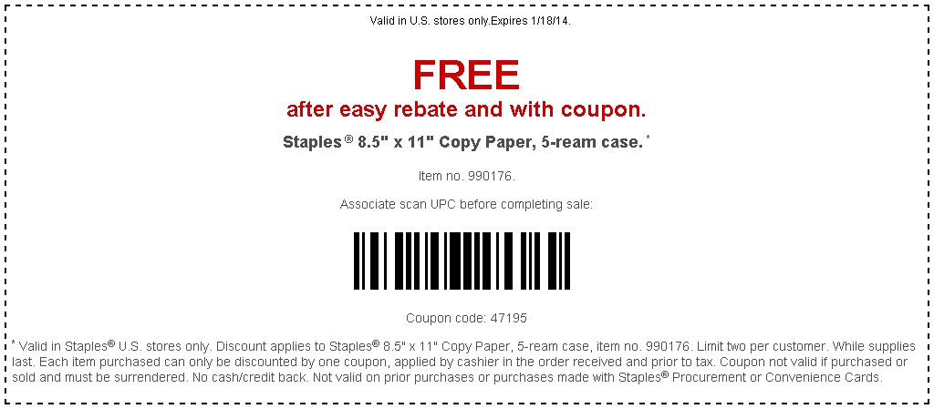 Staples: Free Paper Printable Coupon