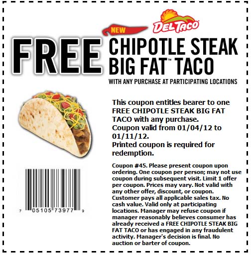 Del Taco Free Chipotle Steak Taco Printable Coupon