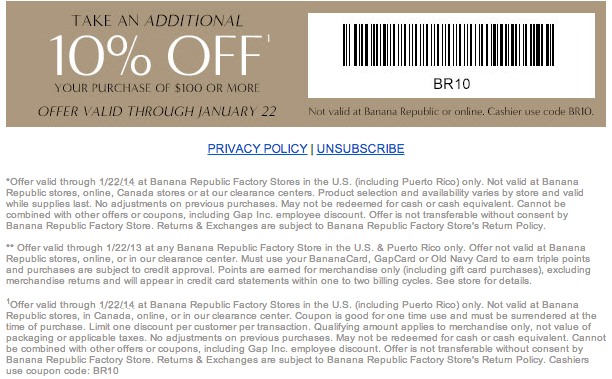 Banana Republic Factory: 10% off $100 Printable Coupon