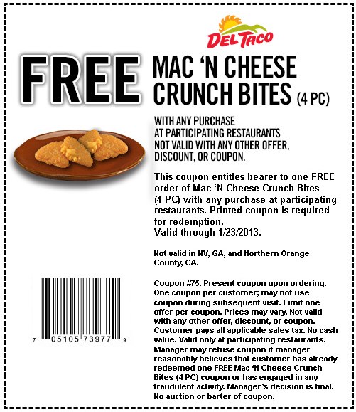 Del Taco: Free Mac 'N Cheese Bites Printable Coupon