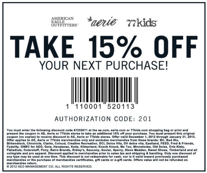 American Eagle Outfitters: 15% off Printable Coupon