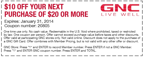 GNC: $10 off $20 Printable Coupon