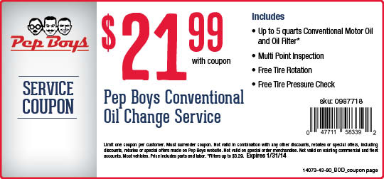 Pep Boys: $21.99 Oil Change Printable Coupon