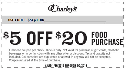 O'Charleys: $5 off $20 Printable Coupon