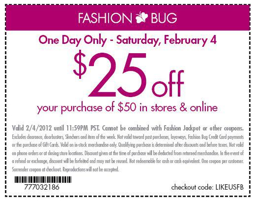 Fashion Bug: $25 off $50 Printable Coupon