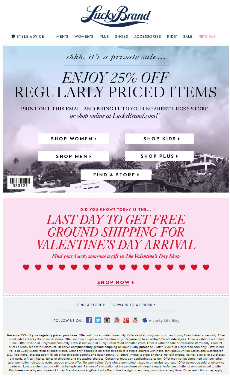 Lucky Brand: 25% off Printable Coupon