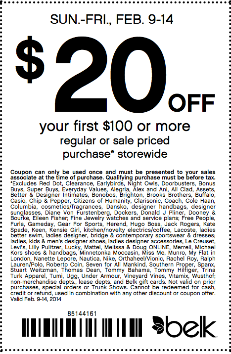 Belk: $20 off $100 Printable Coupon