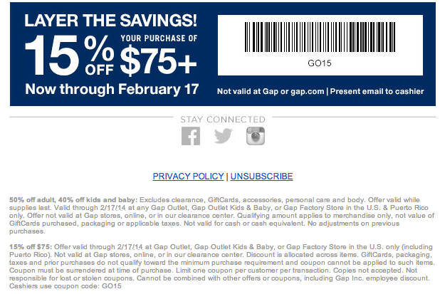 Gap Outlet: 15% off $75 Printable Coupon