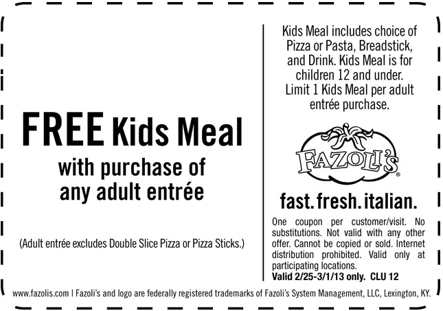Fazolis: Free Kids Meal Printable Coupon