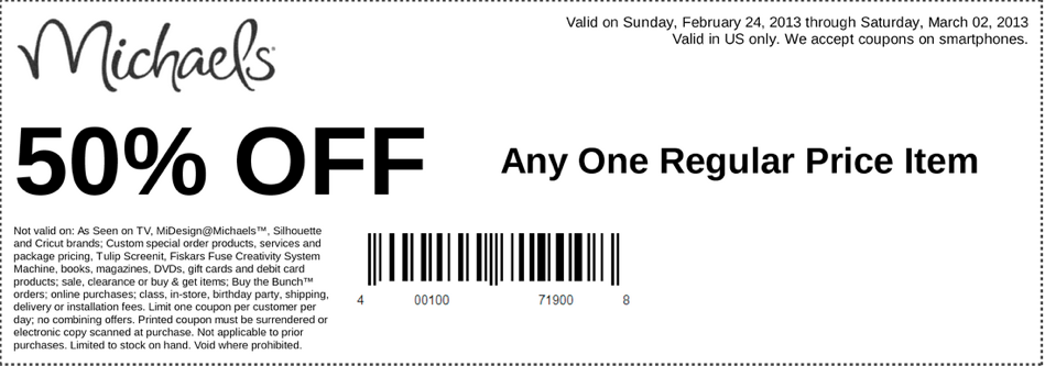 Michaels: 50% off Item Printable Coupon