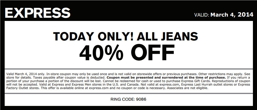 Express: 40% off Jeans Printable Coupon