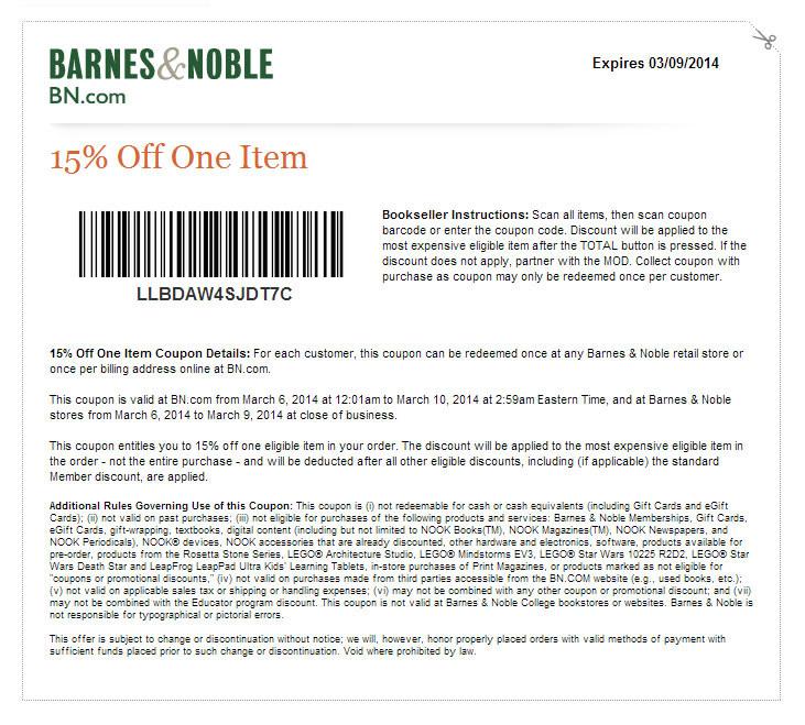 Barnes and Noble 15 off Item Printable Coupon