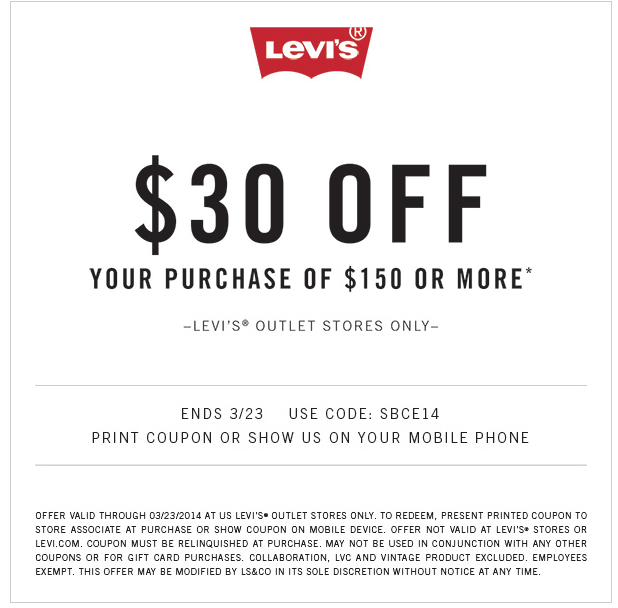 Levi #39 s Outlet: $30 off $150 Printable Coupon