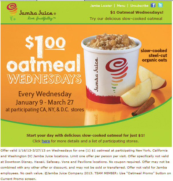 Jamba Juice: $1 Oatmeal Printable Coupon