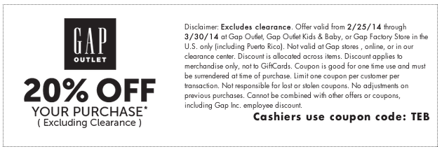 Gap Outlets: 20% off Printable Coupon