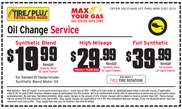 Tires Plus:$19.99-$39.99 Oil Change  Printable Coupon