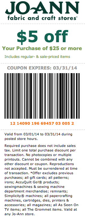 Joann.com: $5 off $25 Printable Coupon