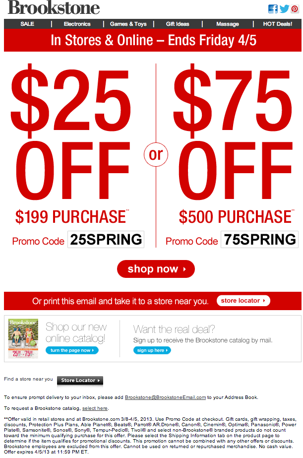 Brookstone: $25-$75 off Printable Coupon