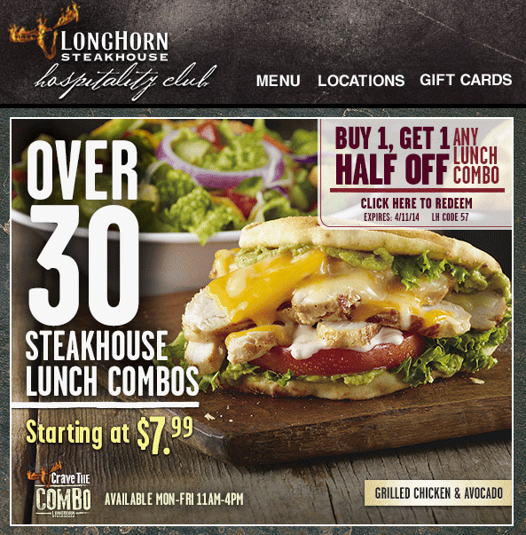 Longhorn Steakhouse BOGO 50 off Combo Printable Coupon