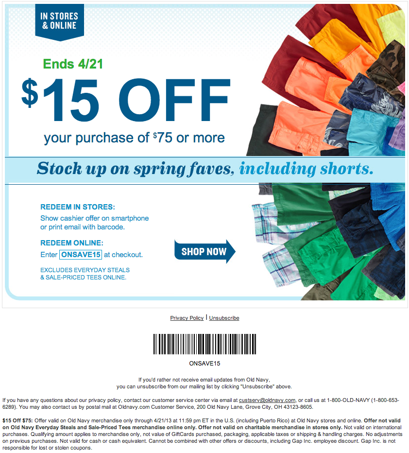 Old Navy: $15 off $75 Printable Coupon
