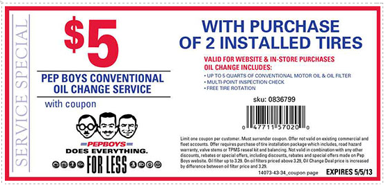 Pep Boys: $5 Oil Change Printable Coupon