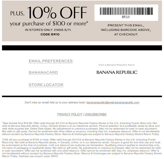 Banana Republic Factory Store 10 off 100 Printable Coupon