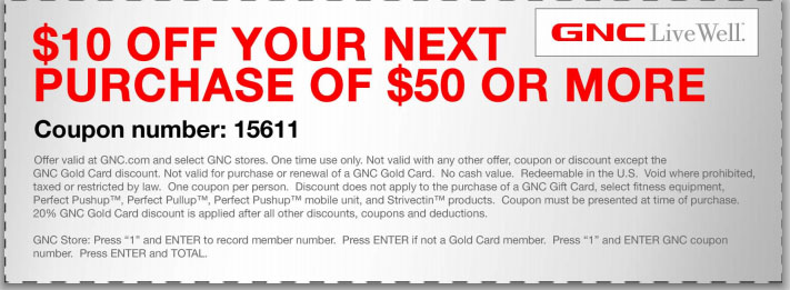 GNC: $10 off $50 Printable Coupon