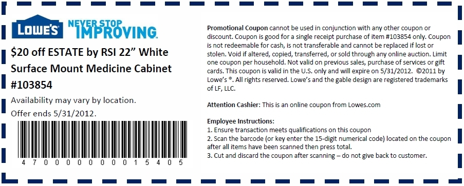 Lowe's: $20 off Medicine Cabinet Printable Coupon