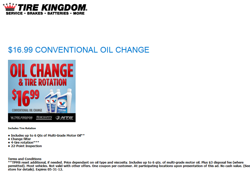 Tire Kingdom: $16.99 Oil Change Printable Coupon