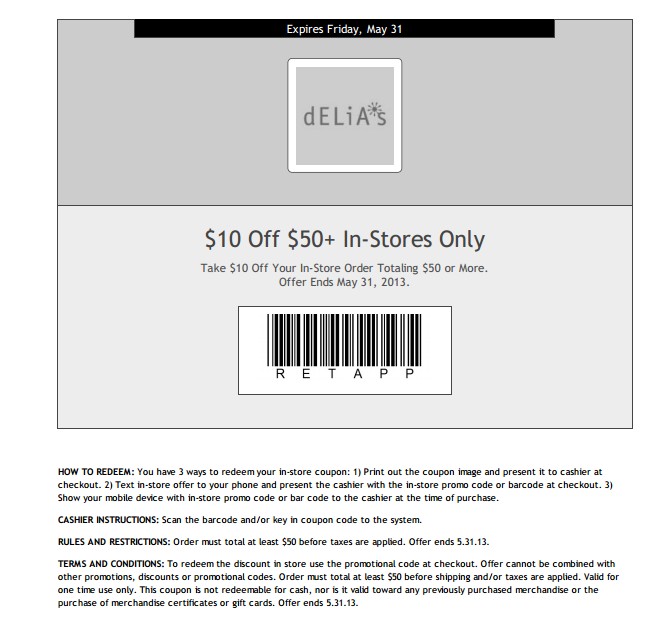 dELiA*s: $10 off $50 Printable Coupon