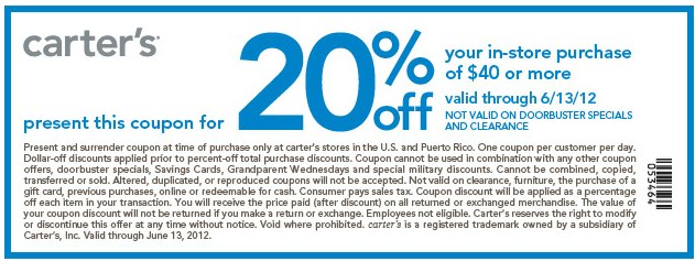 Carters: 20% off $40 Printable Coupon