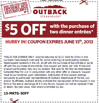 Outback Steakhouse: $5 off Printable Coupon