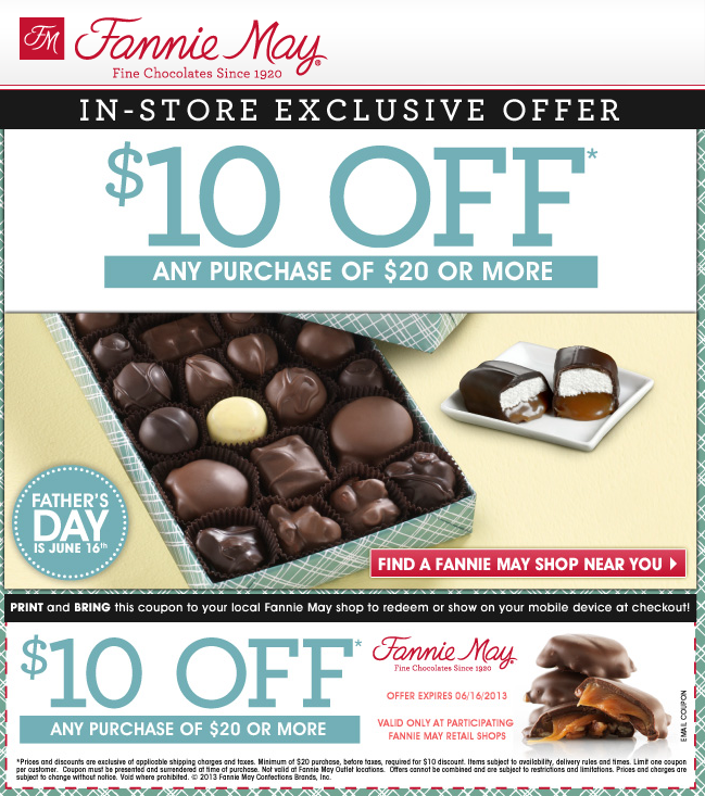 Fannie May: $10 off $20 Printable Coupon