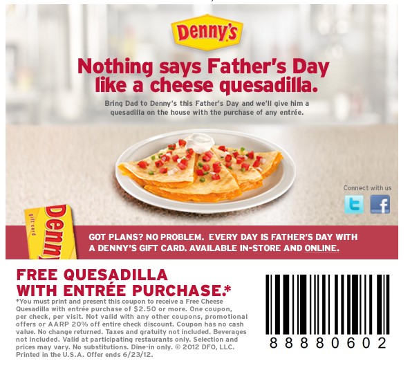 Dennys Free Quesadilla Printable Coupon