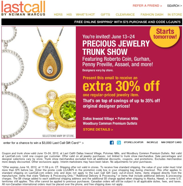 Neiman Marcus Last Call: 30% off Jewelry Printable Coupon