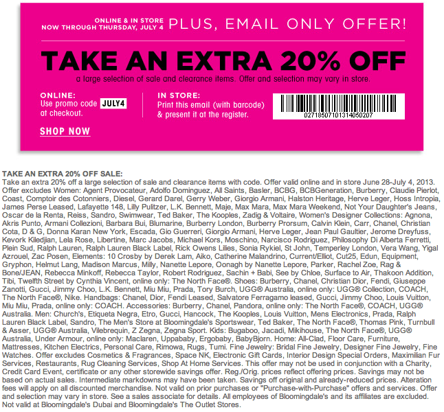 Bloomingdale's: 20% off Printable Coupon