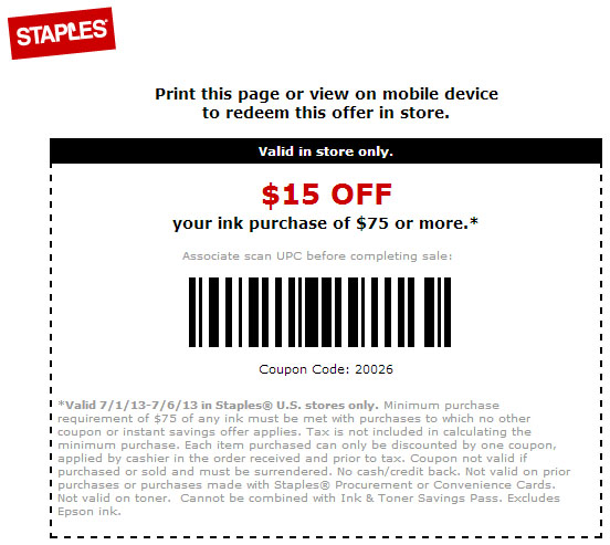 Staples 15 Off 75 HP Ink Printable Coupon