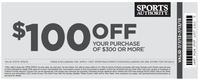 Sports Authority: $100 off $300 Printable Coupon