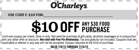 O'Charley's: $10 off $30 Printable Coupon