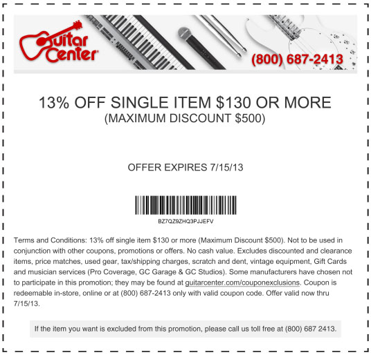 Guitar Center: 13% off $130 Printable Coupon