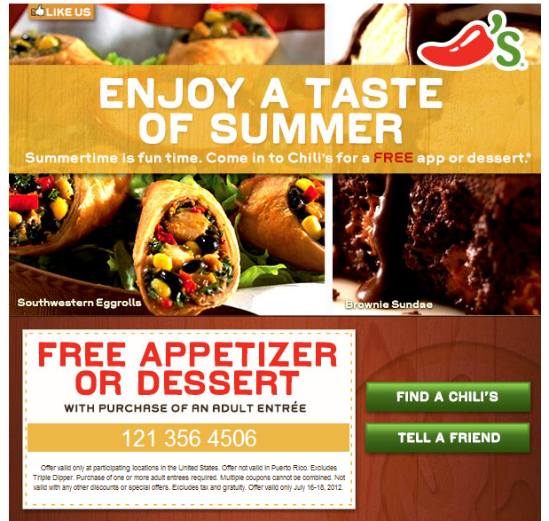 Chili's Free Appetizer or Dessert Printable Coupon