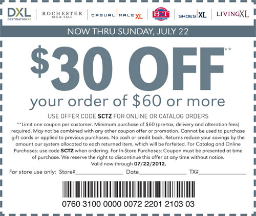 Destination XL: $30 off $60 Printable Coupon