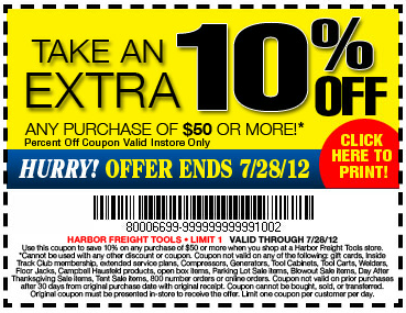 Harbor Freight Tools: 10% off $50 Printable Coupon