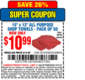 Harbor Freight Tools: $10.99 Shop Towels Printable Coupon