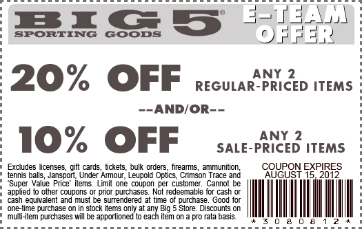 Big 5 Sporting Goods: 10%-20% off Printable Coupon