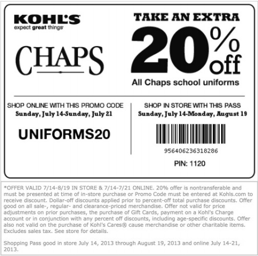 Kohl's: 20% off Chaps Printable Coupon