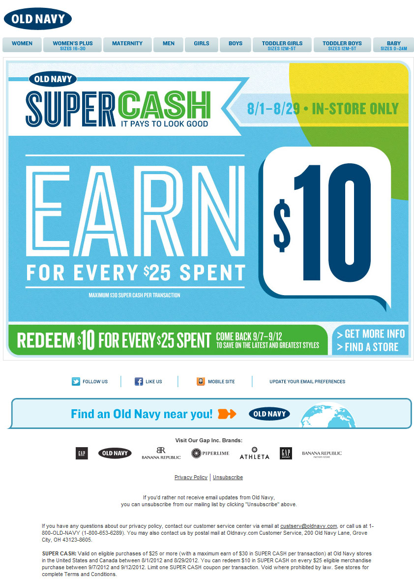 Old Navy: $10 Super Cash Printable Coupon