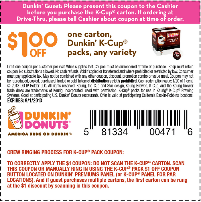Dunkin Donuts 1 off KCups Printable Coupon